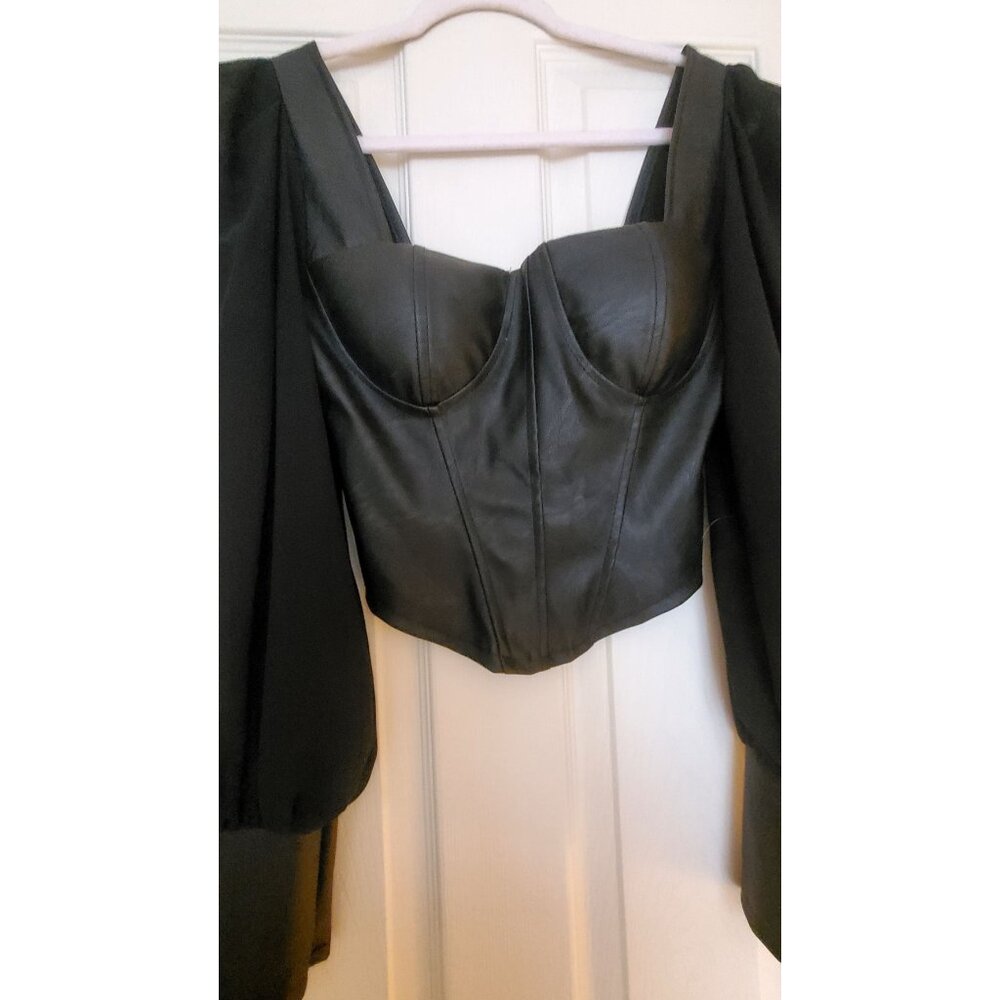 Black Long Sleeve Faux Leather Corset Bustier Sheer Sleeves Milkmade Goth Small - Picture 3 of 12